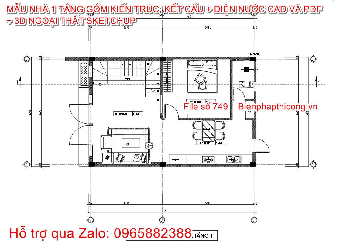 Mặt bằng nhà 1 tầng hiện đại 6,5m x 10m đẹp.
