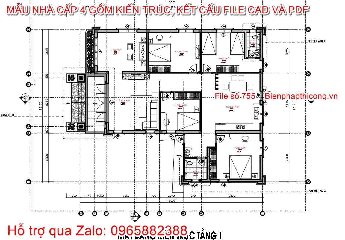 Mặt bằng tầng 1 biệt thự 1 tầng mái nhật 13m x 14,5m.