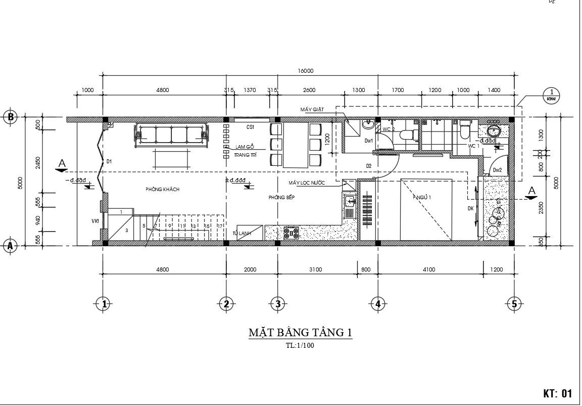 Mặt bằng tầng 1 nhà gác lửng 3 ngủ 5m x 16m đẹp.