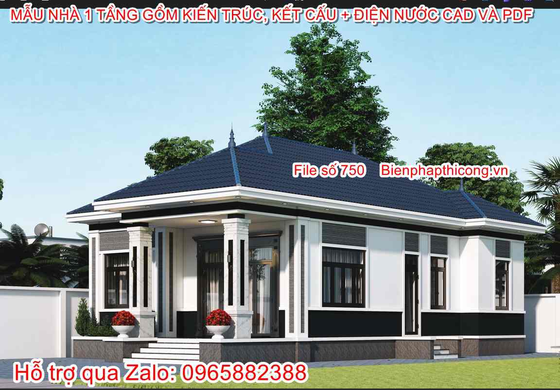 Tải hồ sơ thiết kế nhà cấp 4 mái nhật 3 ngủ 9,5m x 15m.