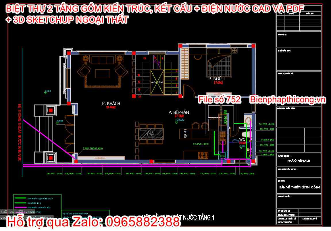 Download bản vẽ cad biệt thự 2 tầng 8,2m x 13m.