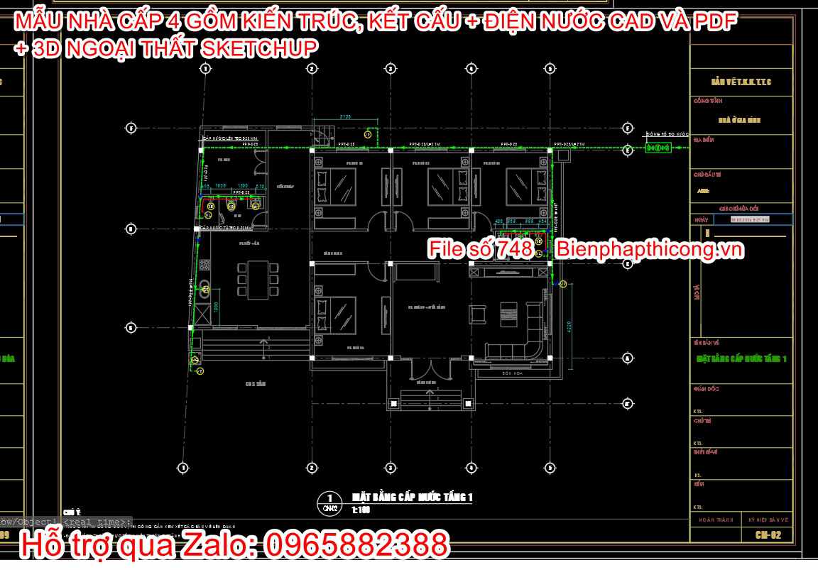 Tải bản vẽ cad điện nước nhà 1 tầng mái thái.