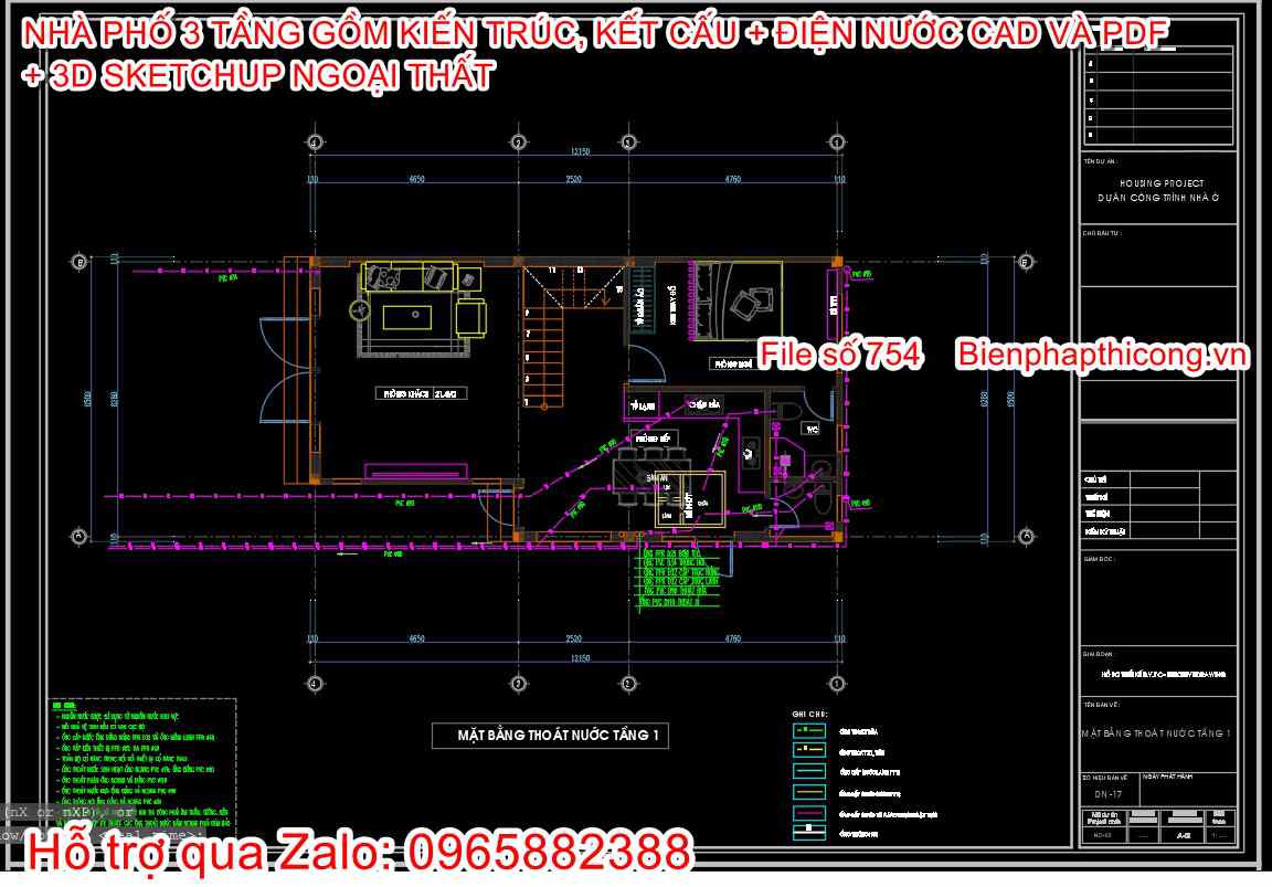 Bản vẽ thiết kế nhà phố 3 tầng mặt tiền 6,5m.