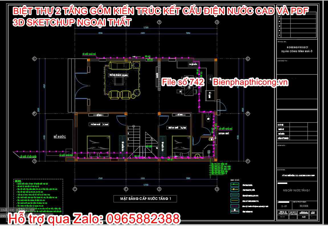 Bản vẽ cấp thoát nước nhà 2 tầng 9m x 12,5m.