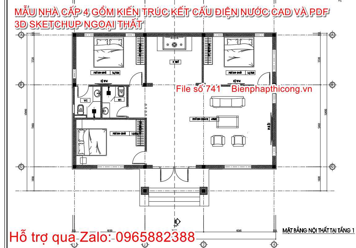 Bản vẽ mặt bằng nhà cấp 4 3 ngủ đẹp.