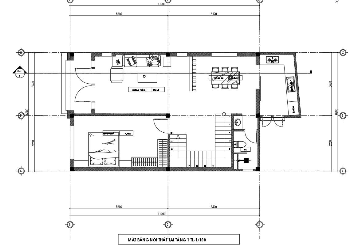 Bản vẽ mặt bằng tầng 1 nhà 2 tầng 7m x 11m.
