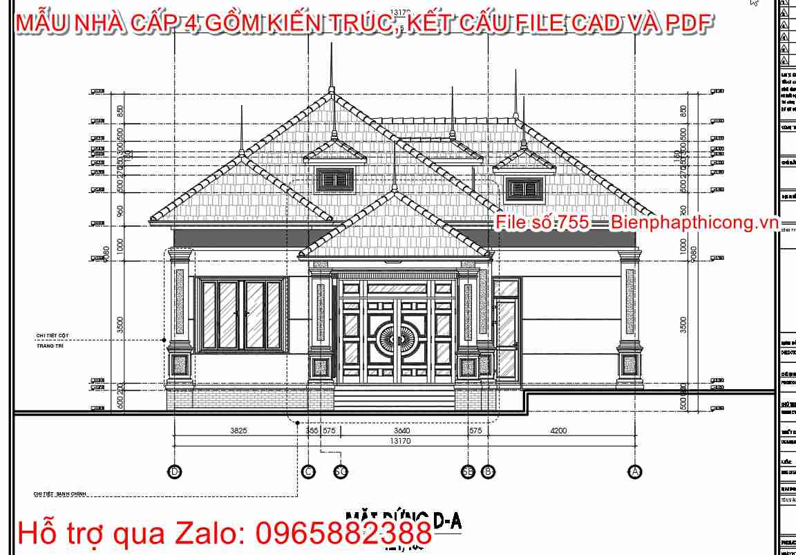 Bản vẽ thiết kế mặt đứng nhà 1 tầng mái nhật 13m x 14,5m.