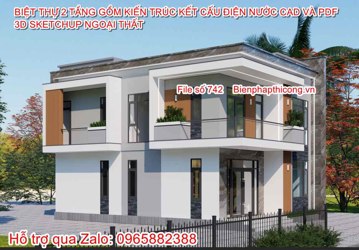 File cad biệt thự 2 tầng 120m2 4 ngủ đẹp.