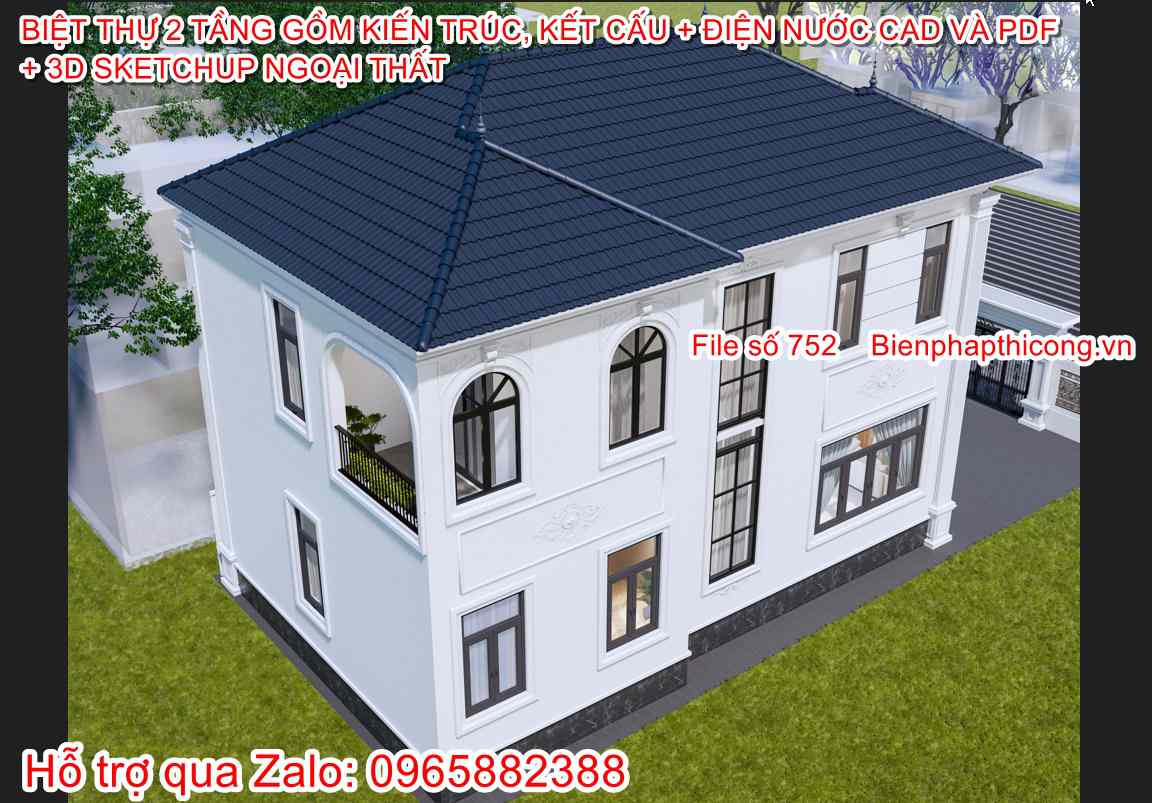 FIle cad biệt thự 2 tầng mái nhật mặt tiền 8,2m 3 ngủ.