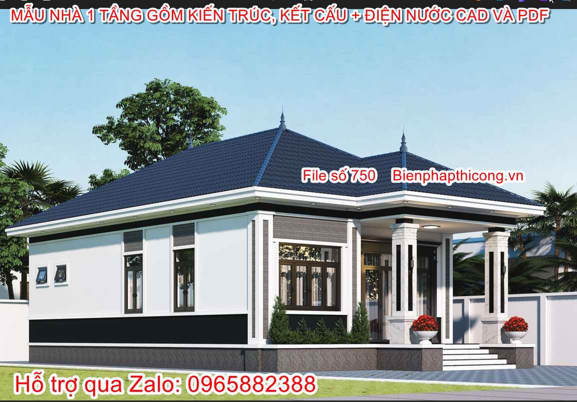 Hồ sơ bản vẽ nhà 1 tầng mái nhật 9,5m x 15m 3 ngủ đẹp.