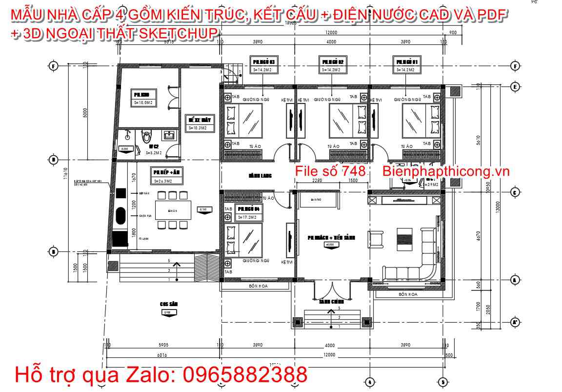 Hồ sơ bản vẽ nhà 1 tầng mái thái 4 ngủ tầm 1 tỷ.
