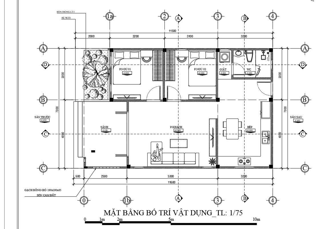 Mặt bằng tầng 1 nhà cấp 4 ngang 7m đẹp.