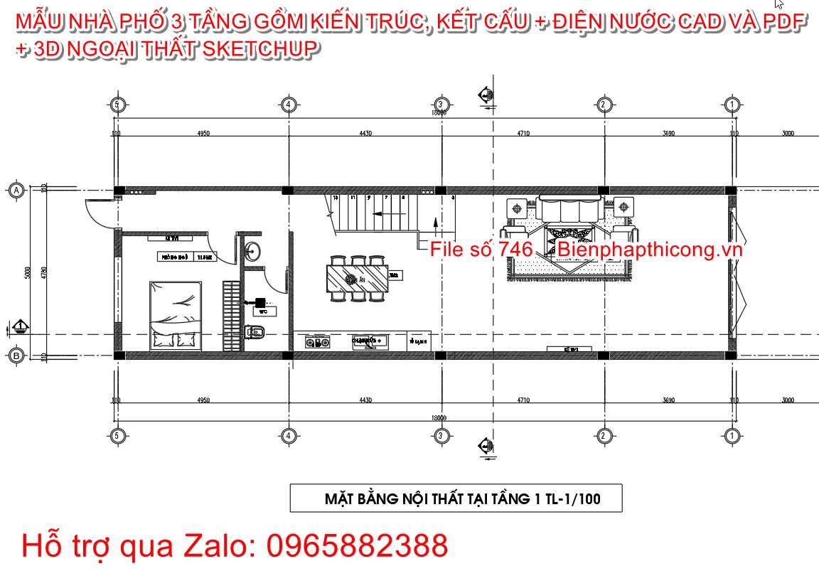 Mặt bằng tầng 1 nhà phố 3 tầng 5m x 18m.