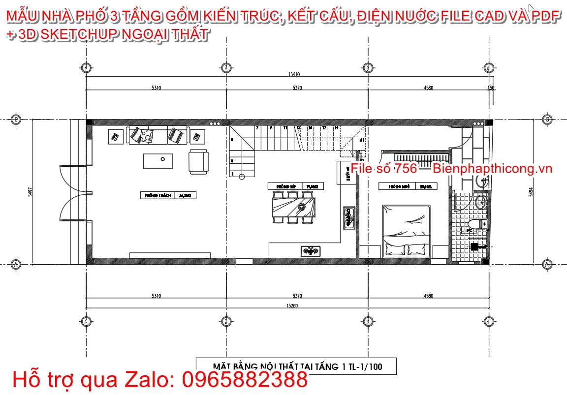 Mặt bằng tầng 1 nhà phố 3 tầng 5,5m x 15,4m.