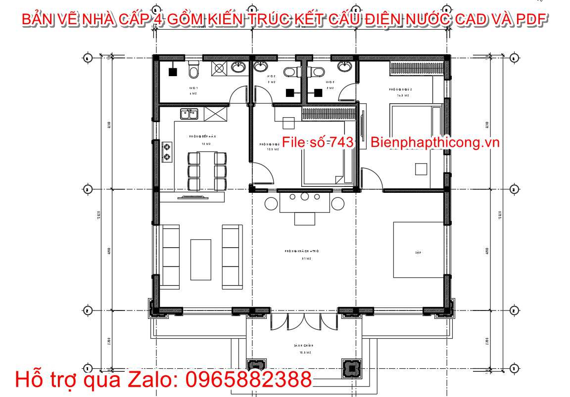 Mặt bằng thiết kế nhà cấp 4 2 ngủ mái nhật 900 triệu.