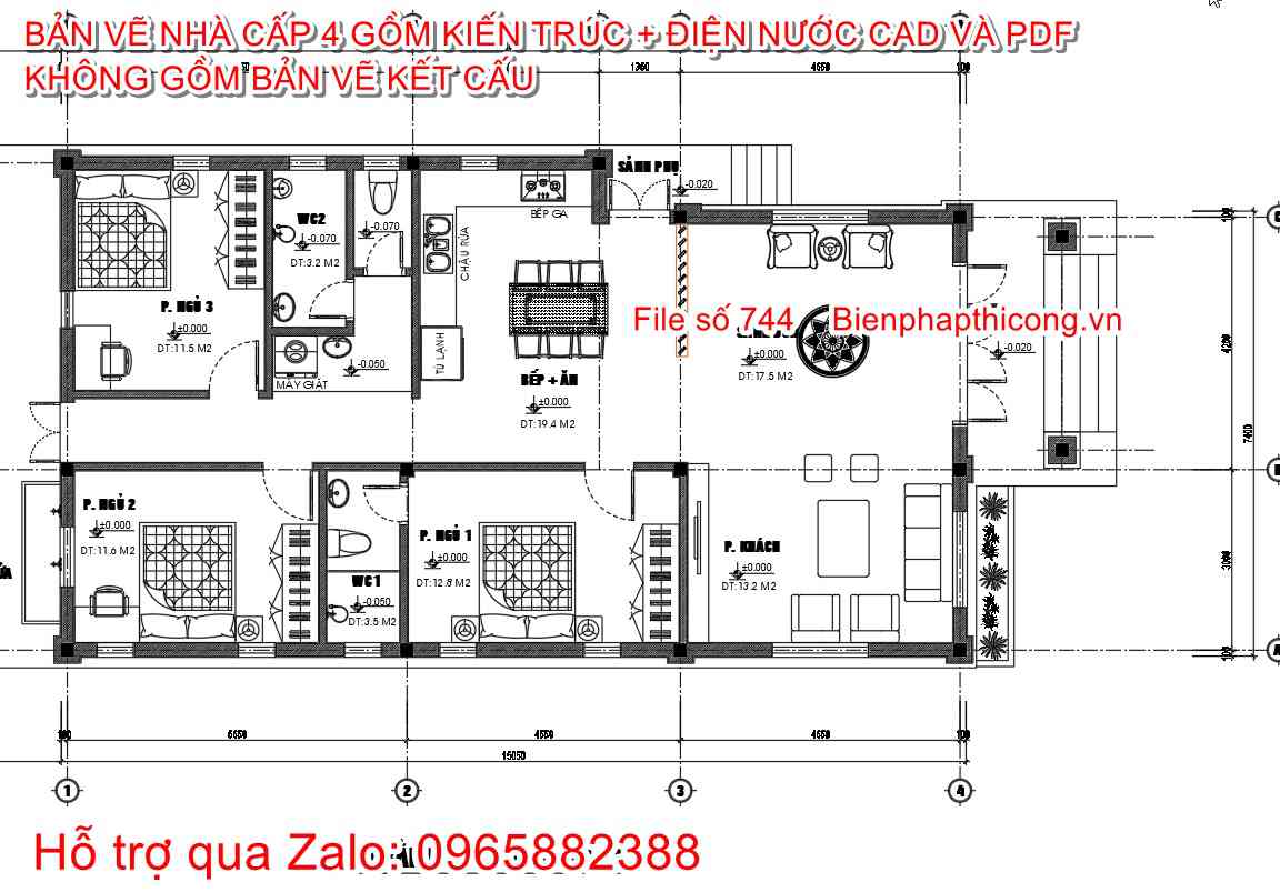 Mặt bằng thiết kế nhà cấp 4 cad mái thái 2 ngủ đẹp.