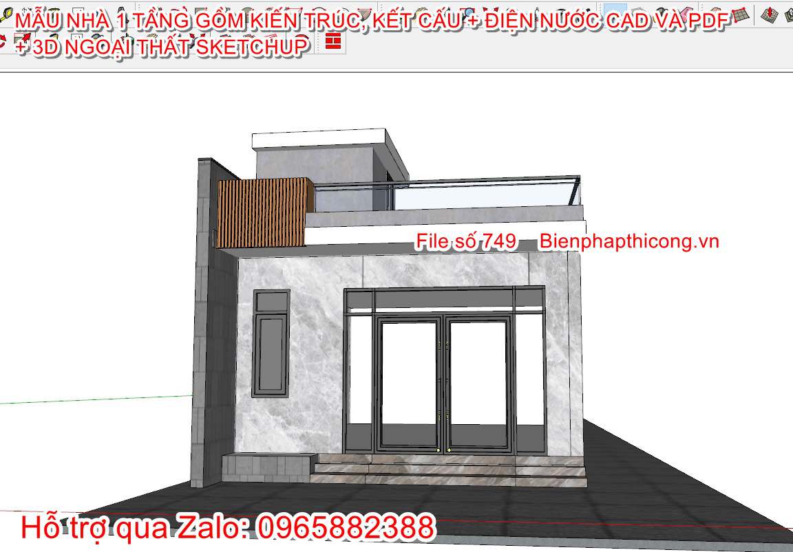 3D sketchup ngoại thất nhà phố 1 tầng.