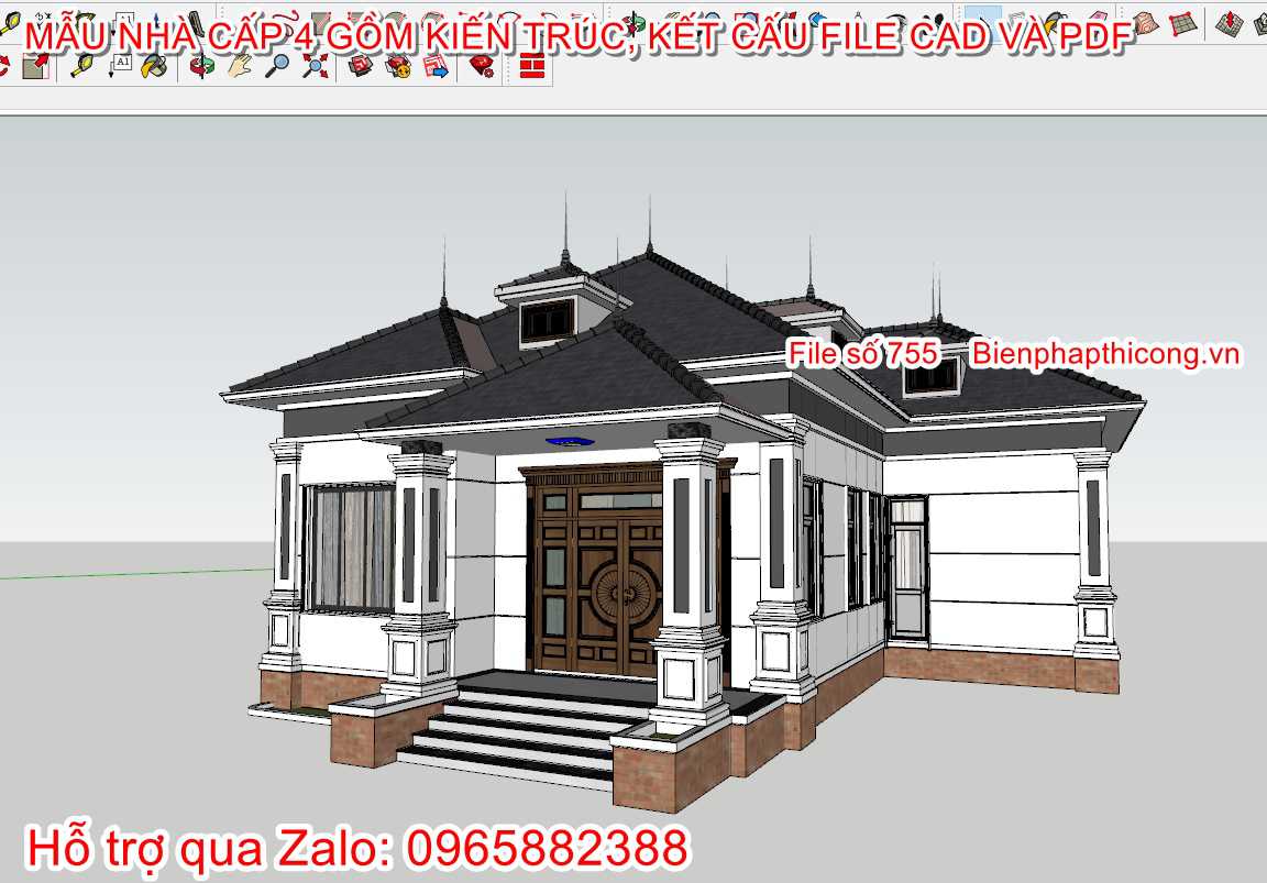 3D sketchup nhà cấp 4 mái nhật chữ L 13m x 14,5m.