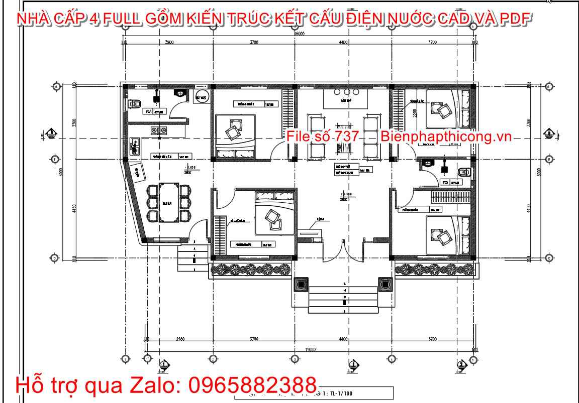 Bản vẽ mặt bằng nhà cấp 4 4 phòng ngủ 16m x 9m đẹp.