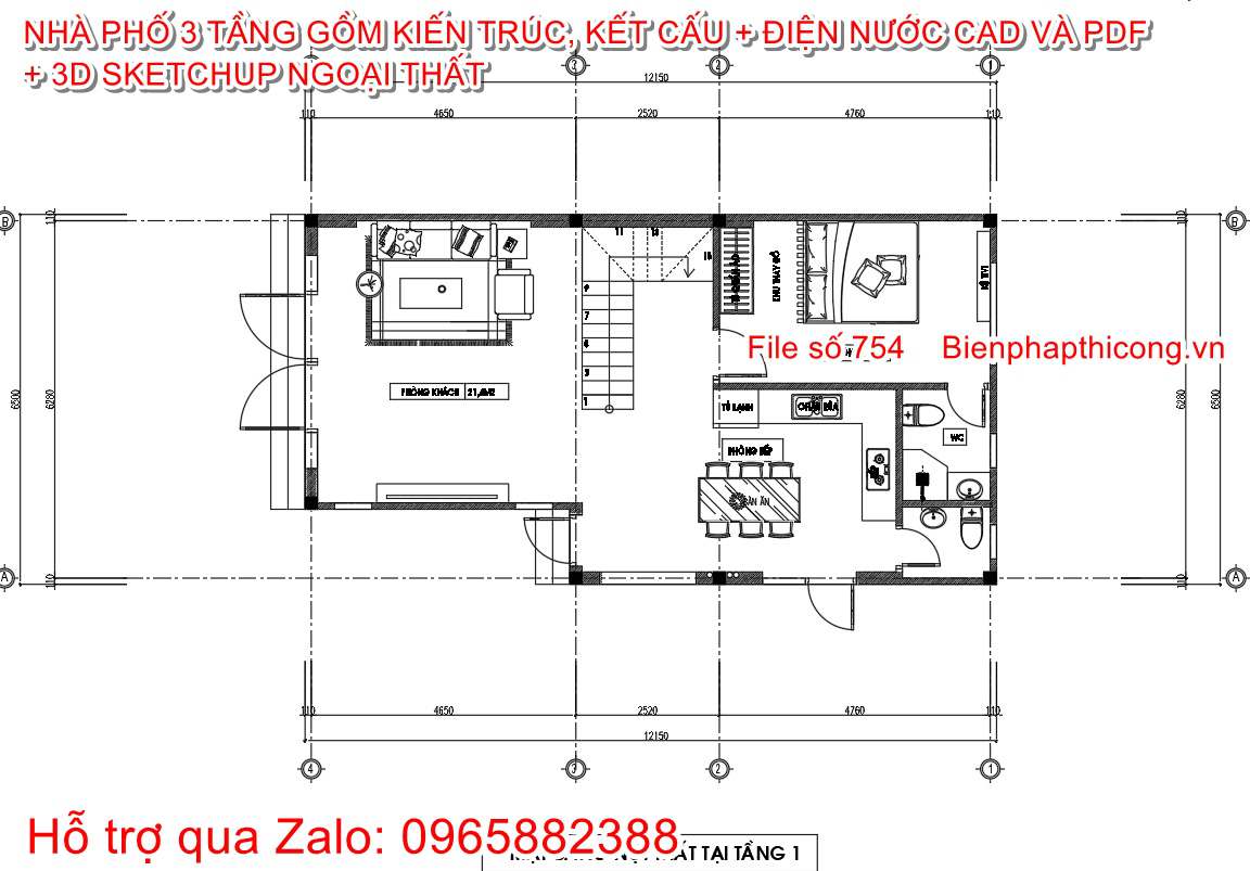 Bản vẽ mặt bằng tầng 1 nhà ống 3 tầng 6,5m x 12m.