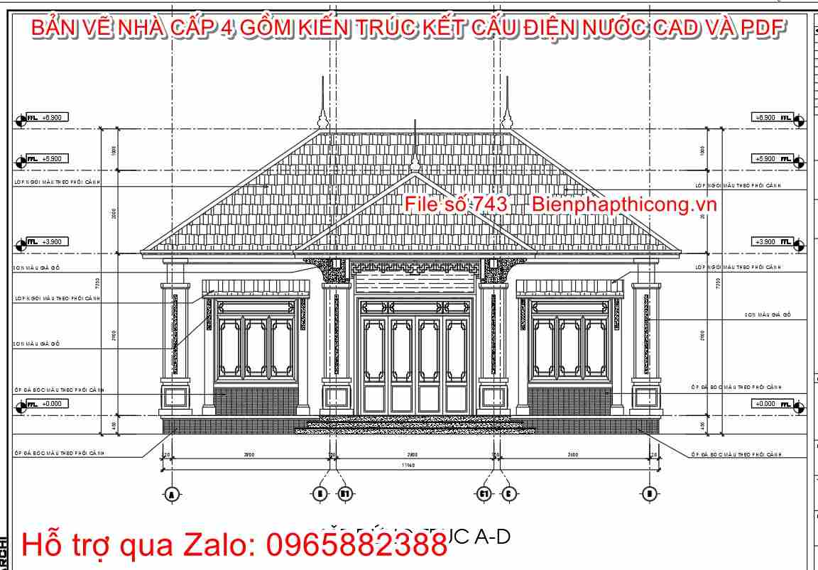 Bản vẽ mặt đứng biệt thự 1 tầng mái nhật đẹp.