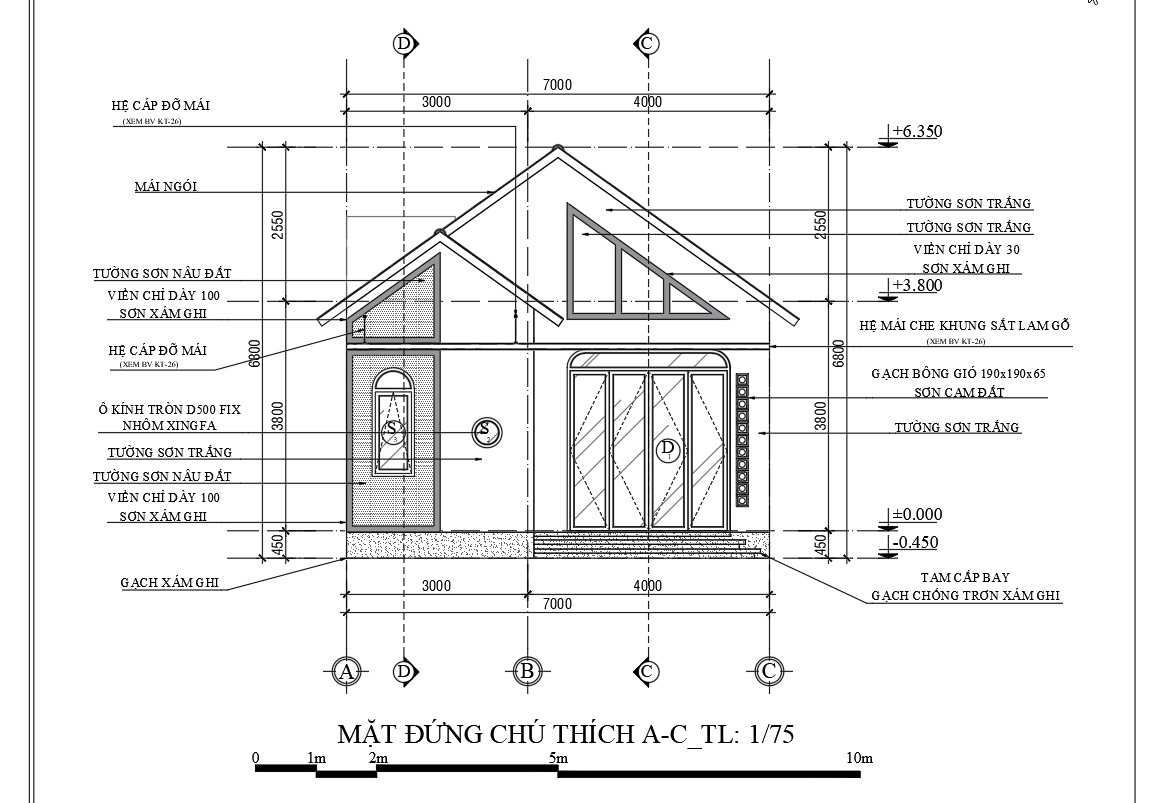 Bản vẽ mặt đứng nhà cấp 4 1 tầng mái thái thép.