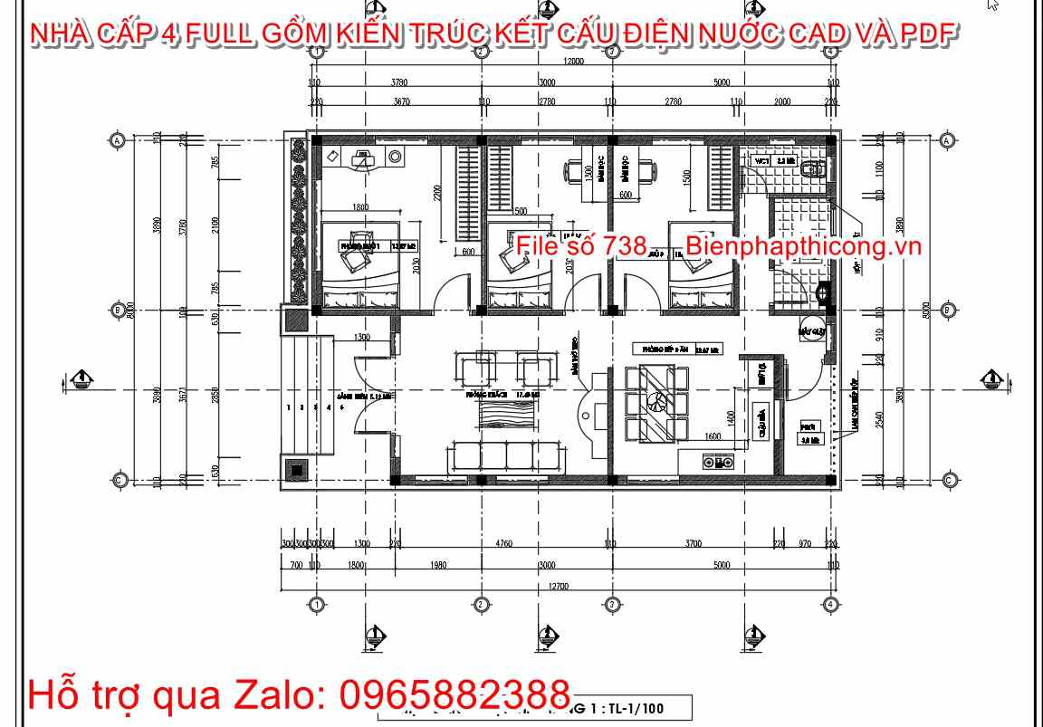Bản vẽ xây dựng mặt bằng cad nhà cấp 4 3 ngủ 8m x 12m.