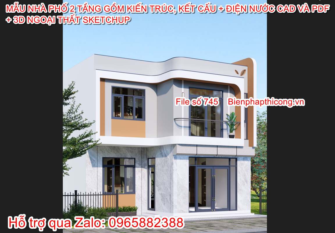 File cad bản vẽ nhà phố 2 tầng rộng 8,5m x 9m.