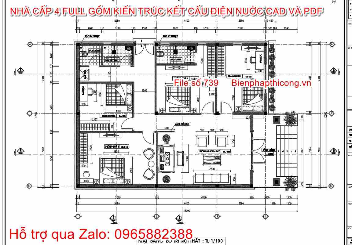 File cad nhà cấp 4 700 đến 900 triệu 4 ngủ.