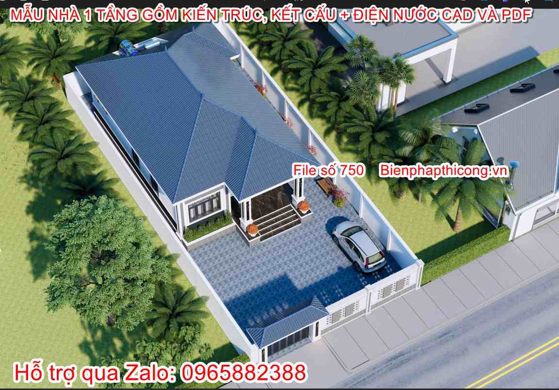 Hồ sơ bản vẽ nhà 1 tầng mái nhật 9,5m x 15m đẹp.