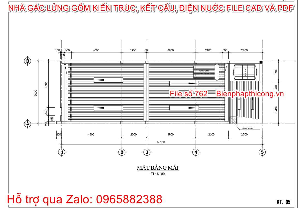 Mặt bằng mái nhà gác lửng 5m x 16m 3 ngủ đẹp.