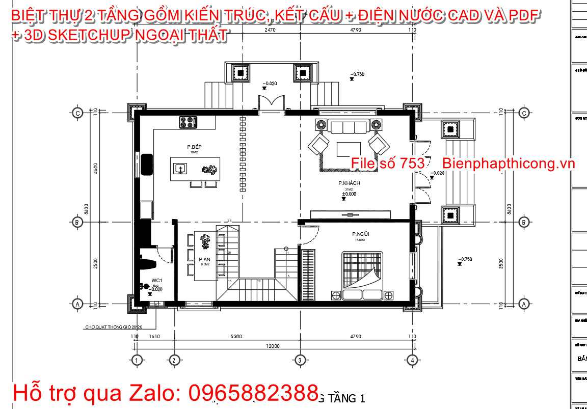 Mặt bằng tầng 1 biệt thự 2 tầng 4 ngủ rộng 8,4m x 12m.