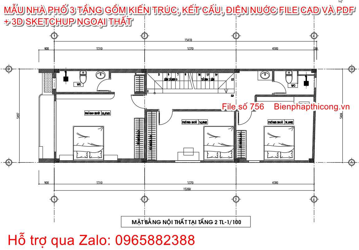 Mặt bằng tầng 2 mẫu nhà phố 3 tầng 5,5m x 15,4m.