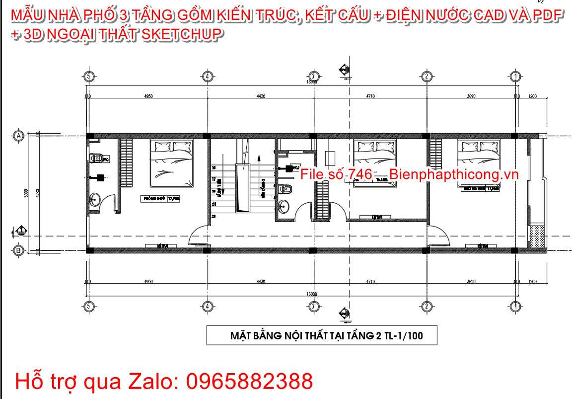 Mặt bằng tầng 2 nhà phố 3 tầng 5m x 18m.