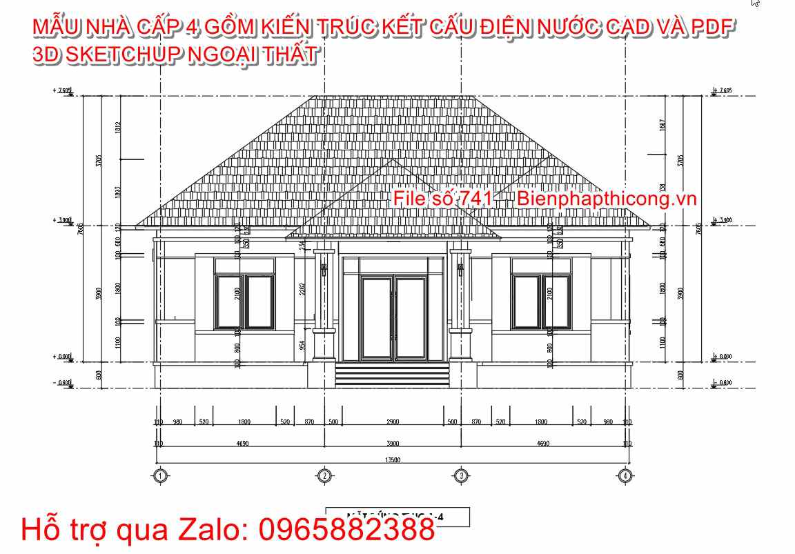 Mặt đứng nhà cấp 4 mái nhật 3 ngủ 13,5m.