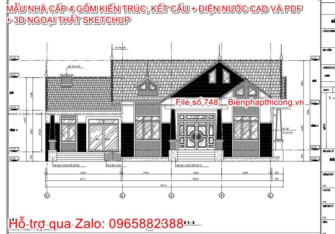 Mặt đứng nhà cấp 4 mái thái mặt tiền 18m.