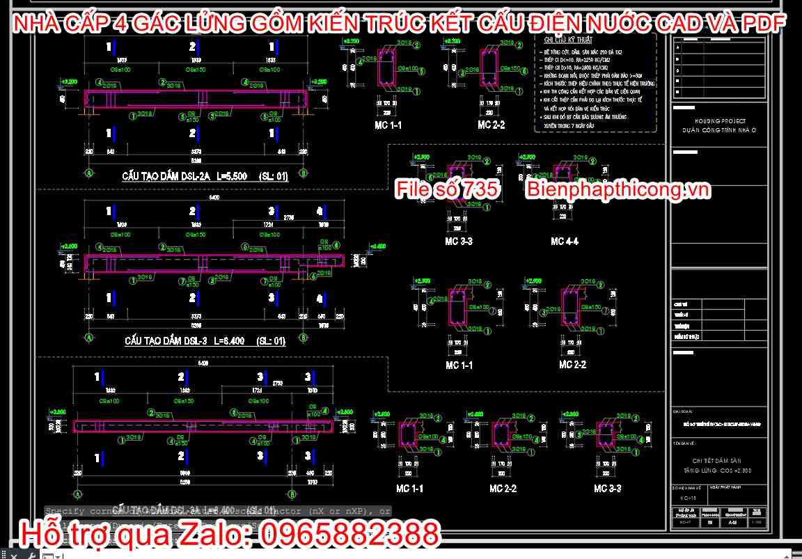 File cad thiết kế dầm sàn nhà cấp 4 có gác lửng.