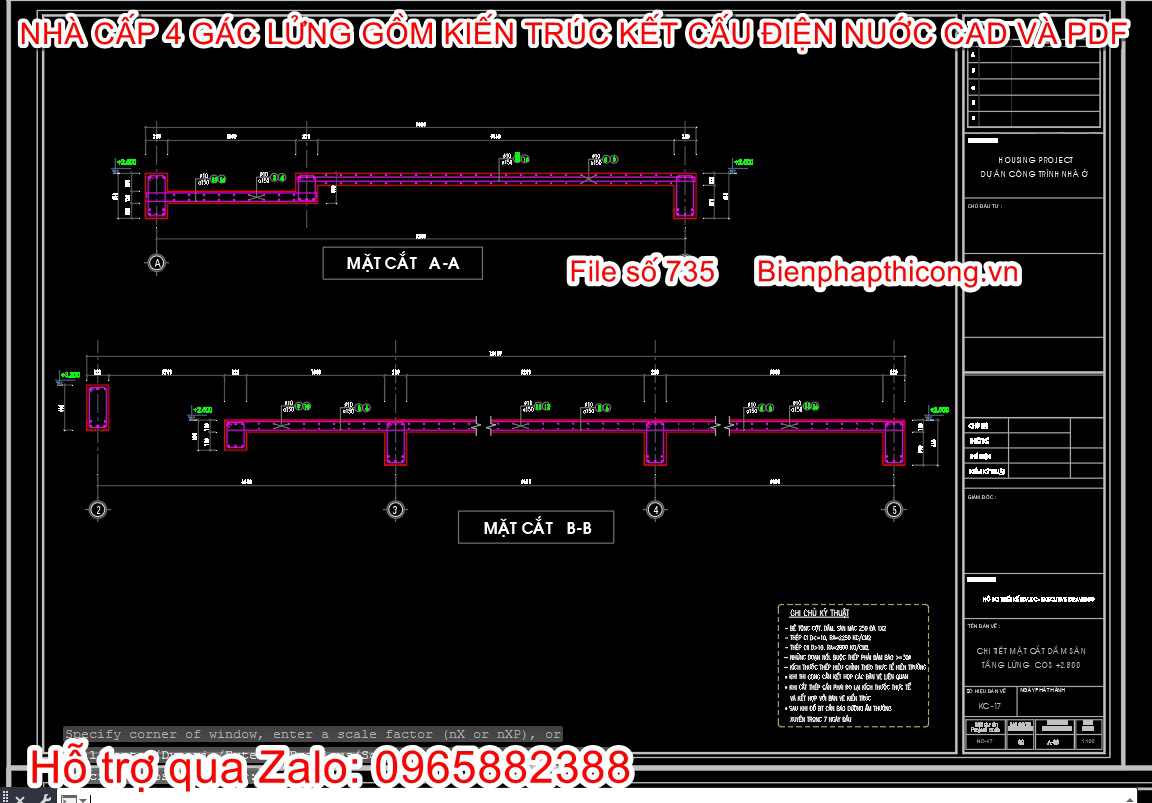 Mặt cắt sàn mẫu nhà cấp 4 có gác lửng.