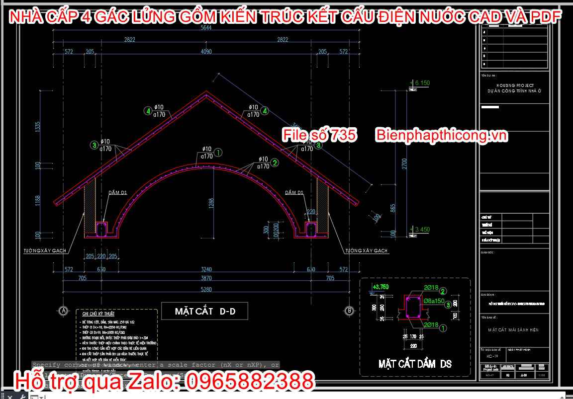 Bản vẽ thiết kế cad vòm mái thái nhà cấp 4.