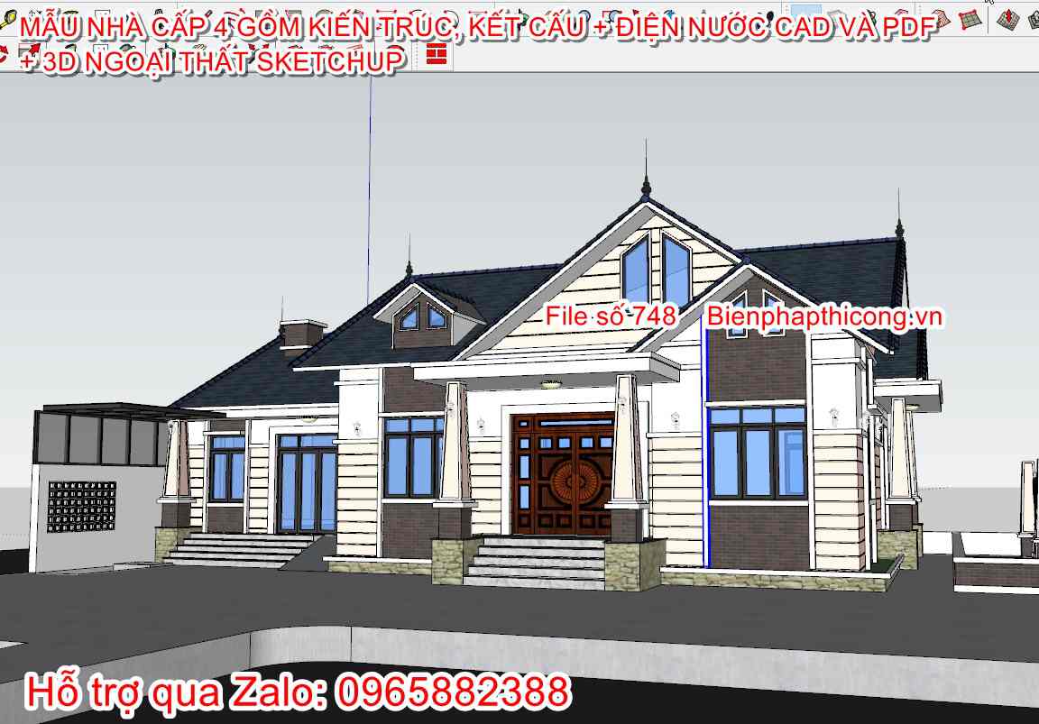 3D sketchup mẫu nhà 1 tầng mái thái 200m2 đẹp 4 ngủ.