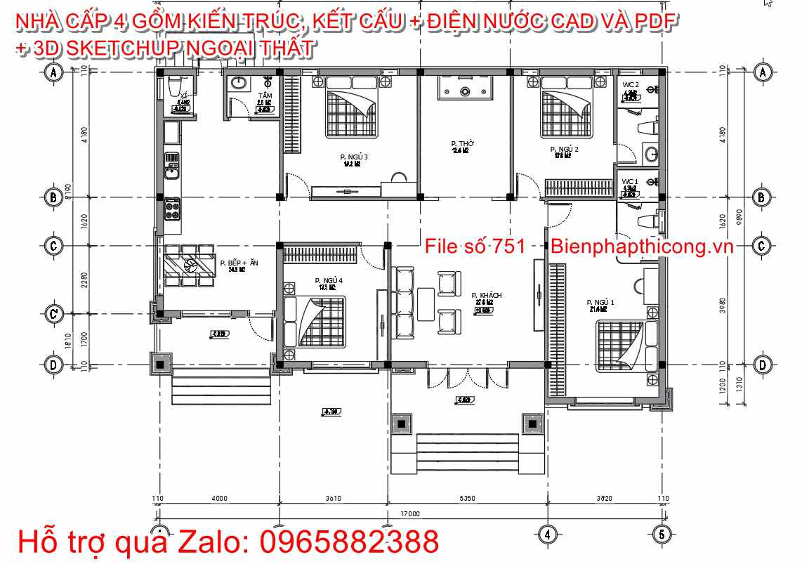 Bản vẽ mặt bằng nhà cấp 4 mái nhật 4 ngủ 17m mặt tiền.