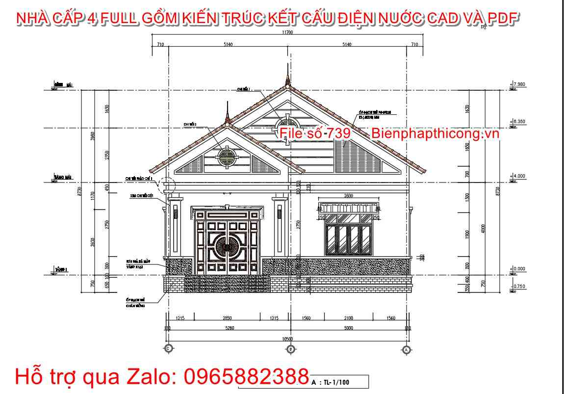 Bản vẽ mặt đứng nhà cấp 4 đẹp.