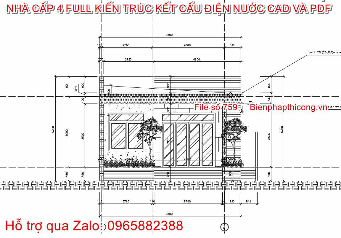 Bản vẽ xây dựng mặt đứng nhà cấp 4 hiện đại 3 ngủ.