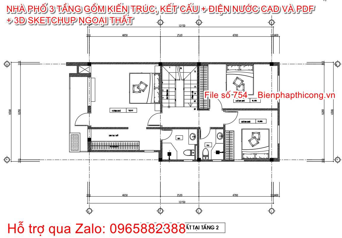 File cad mặt bằng tầng 2 nhà phố 3 tầng 6,5m x 12m.