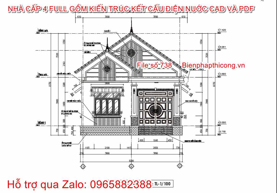 File cad mặt đứng nhà cấp 4 3 ngủ 700 triệu.