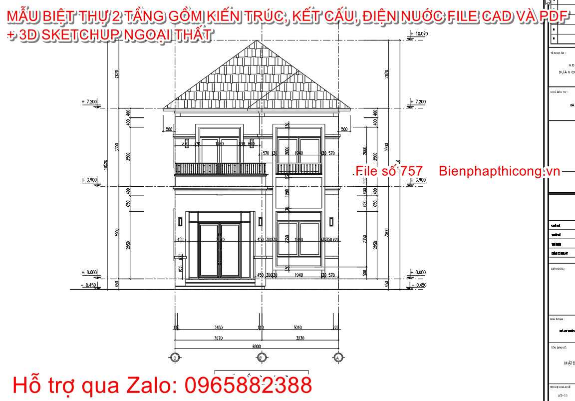 Hồ sơ bản vẽ mặt đứng biệt thự 2 tầng mái nhật 7m x 11m.