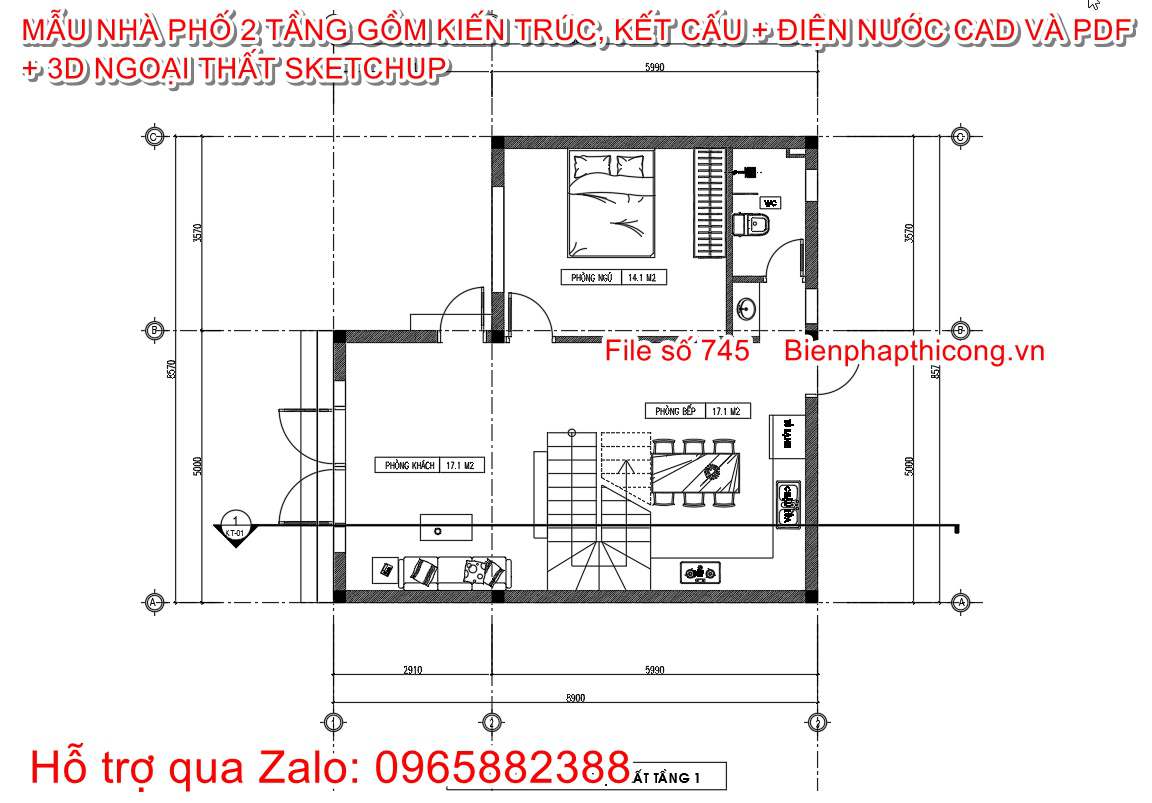 Mặt bằng nhà phố 2 tầng ngang 8,5m 3 ngủ.