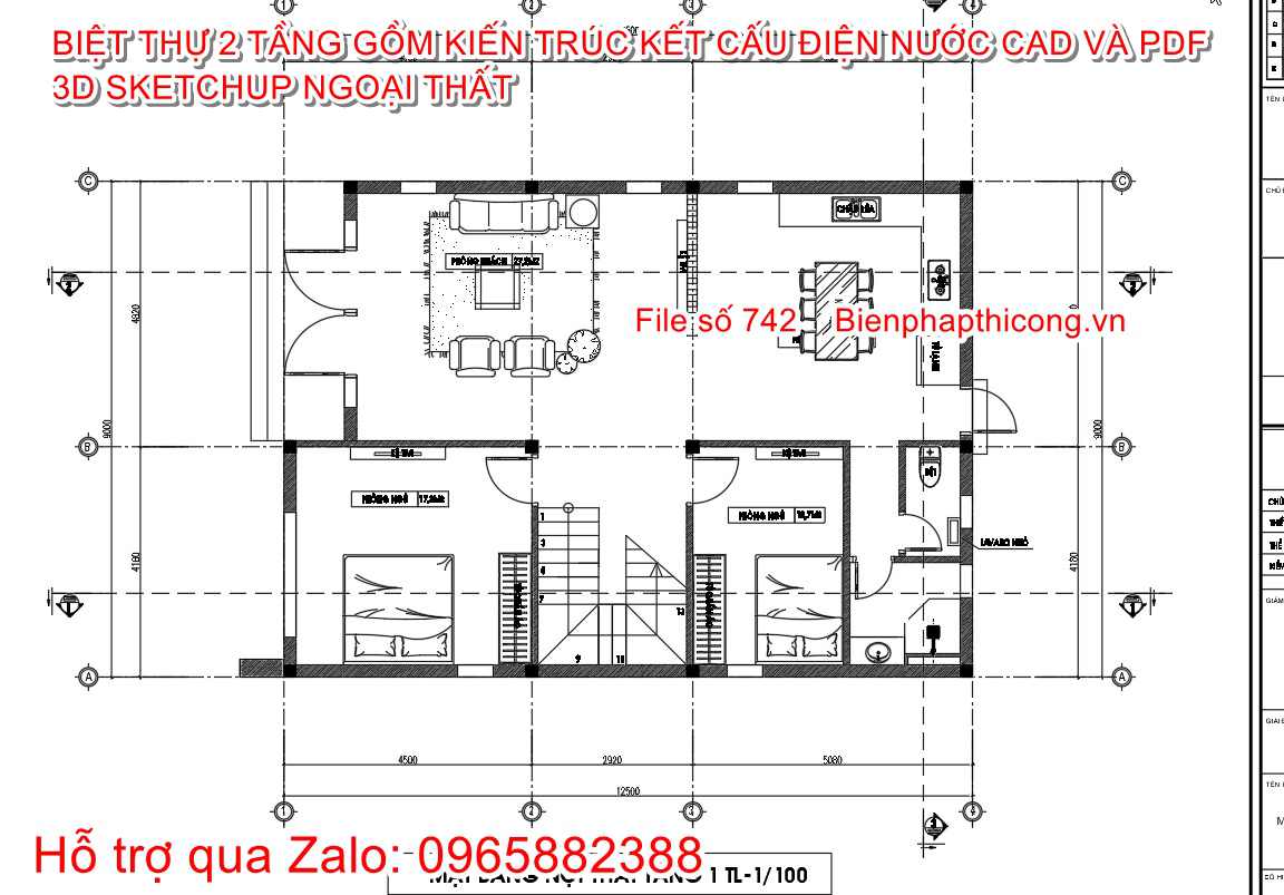 Mặt bằng tầng 1 biệt thự 2 tầng rộng 9m x 12,5m.