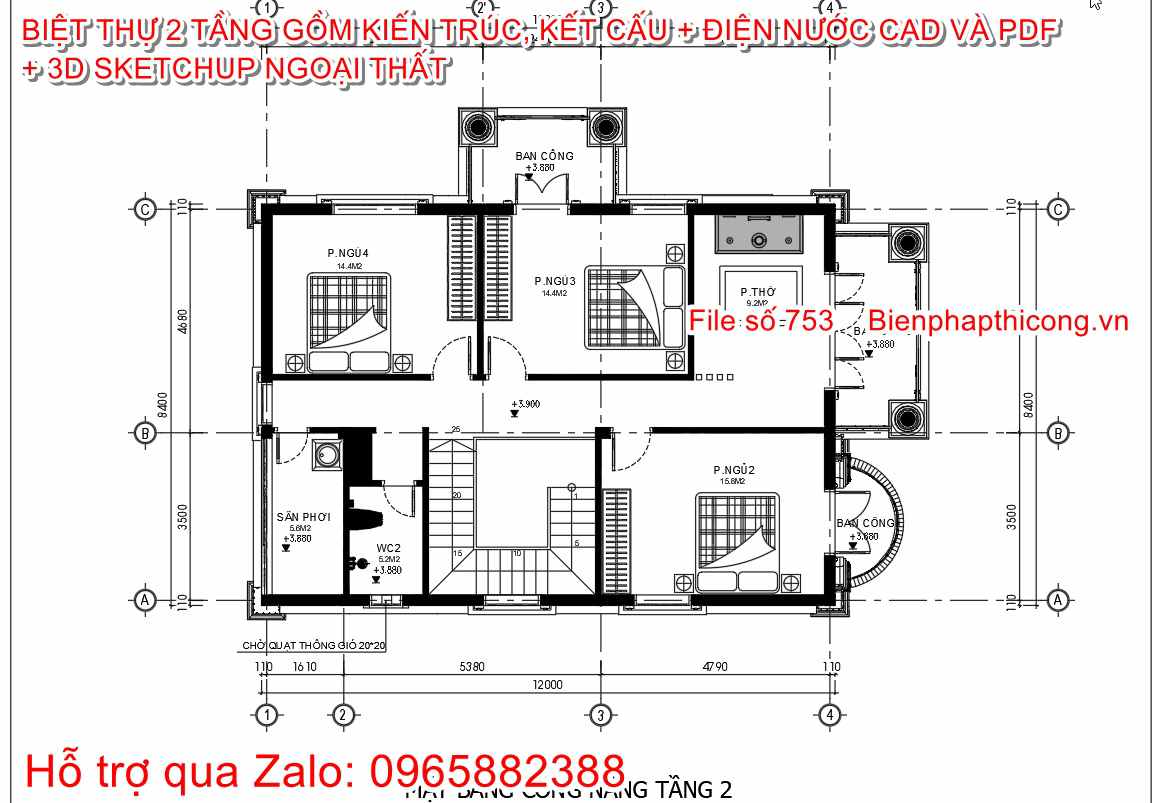 Mặt bằng tầng 2 biệt thự 2 tầng 8,4m x 12m tân cổ đẹp.