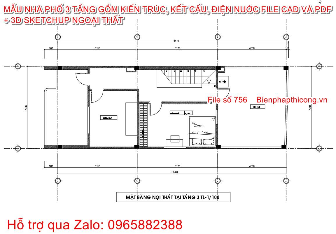 Mặt bằng tầng 3 nhà phố 3 tầng 5,5m x 15,4m.